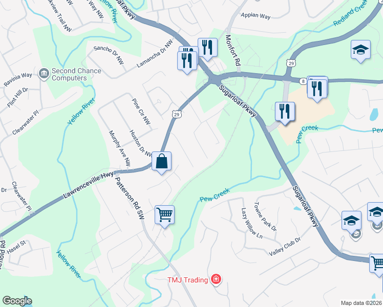 map of restaurants, bars, coffee shops, grocery stores, and more near 93 Davis Mill Court in Lawrenceville