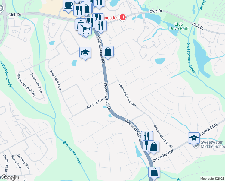 map of restaurants, bars, coffee shops, grocery stores, and more near 1216 Pleasant Hill Road in Lawrenceville