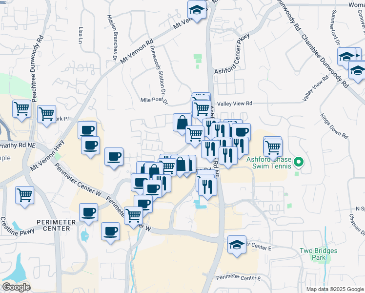 map of restaurants, bars, coffee shops, grocery stores, and more near 1028 Ashwood Parkway in Dunwoody