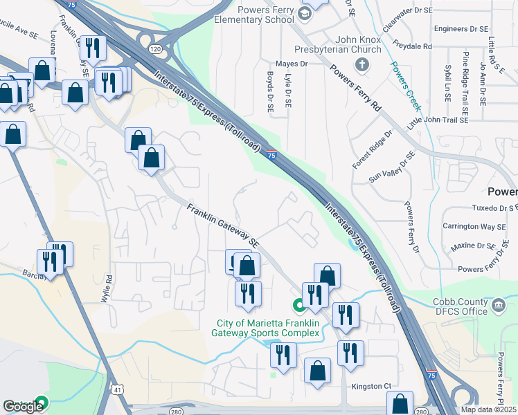 map of restaurants, bars, coffee shops, grocery stores, and more near 861 Franklin Gateway Southeast in Marietta