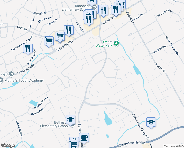 map of restaurants, bars, coffee shops, grocery stores, and more near 719 Bethesda School Road in Lawrenceville
