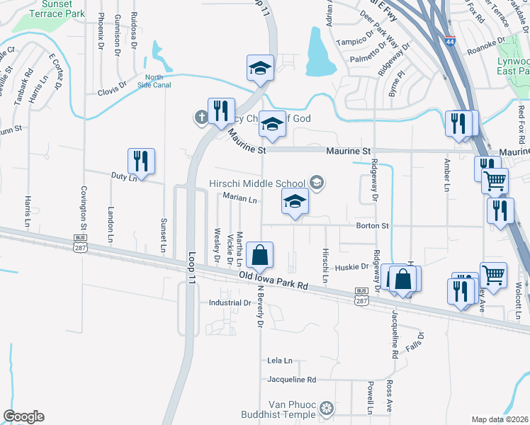 map of restaurants, bars, coffee shops, grocery stores, and more near 1107 North Beverly Drive in Wichita Falls
