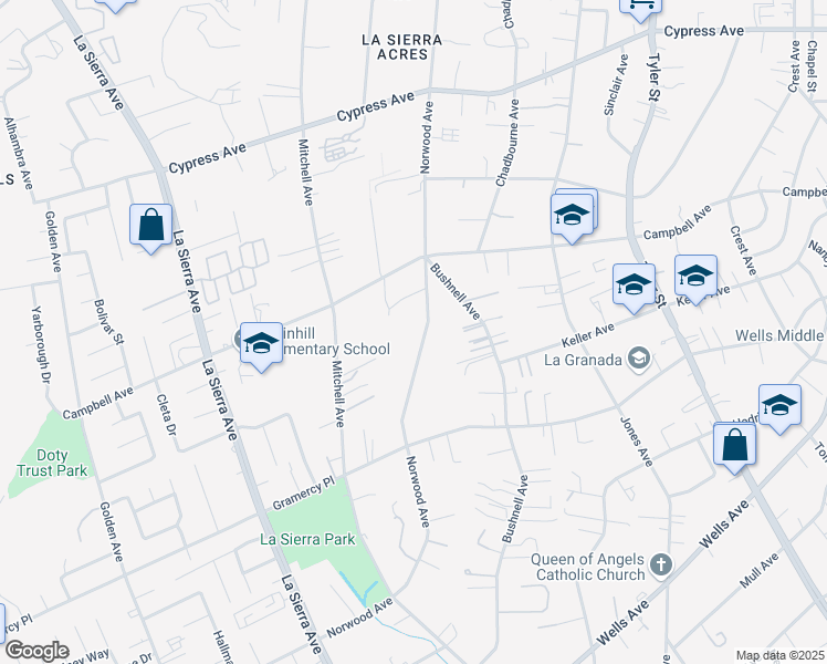 map of restaurants, bars, coffee shops, grocery stores, and more near Norwood Avenue in Riverside