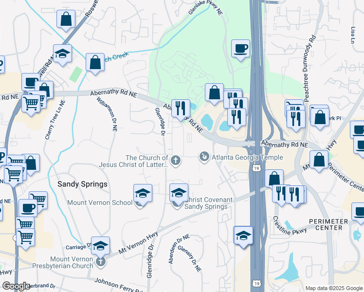 map of restaurants, bars, coffee shops, grocery stores, and more near 6500 Aria Boulevard in Sandy Springs