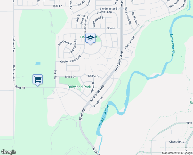 map of restaurants, bars, coffee shops, grocery stores, and more near 8607 Lourenco Lane in Corona
