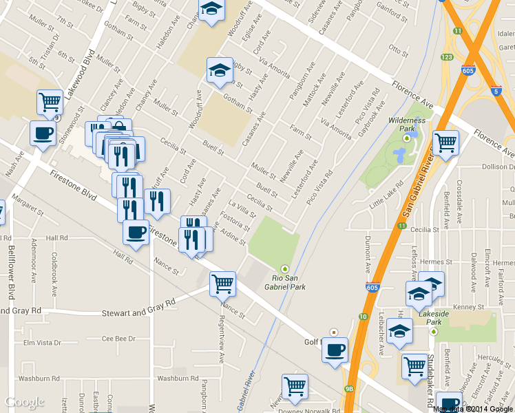 map of restaurants, bars, coffee shops, grocery stores, and more near 9546 Cecilia Street in Downey