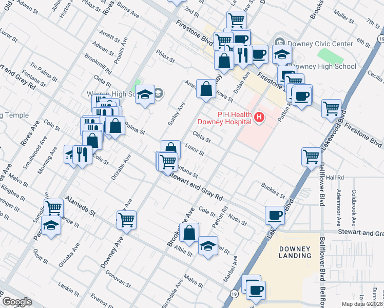 map of restaurants, bars, coffee shops, grocery stores, and more near 8333 1/2 Fontana Street in Downey