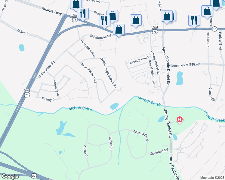 map of restaurants, bars, coffee shops, grocery stores, and more near 110 Bluestone Drive in Bogart