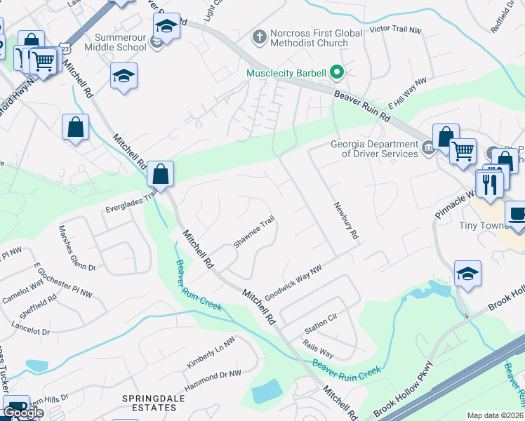 map of restaurants, bars, coffee shops, grocery stores, and more near 5526 Westberry Lane in Norcross