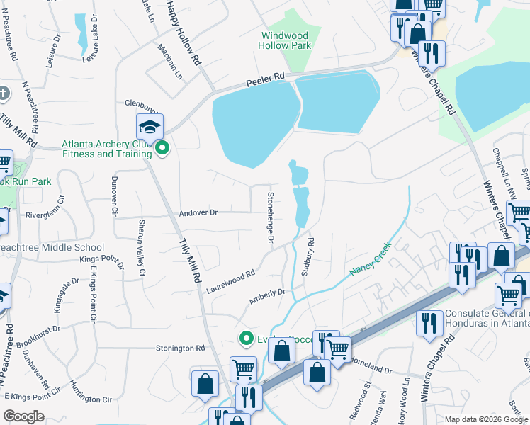 map of restaurants, bars, coffee shops, grocery stores, and more near 2611 Andover Drive in Doraville