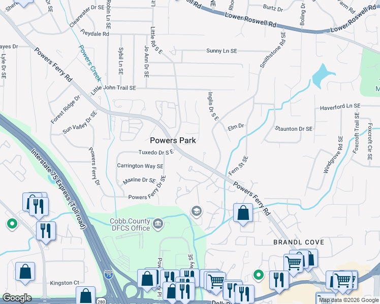 map of restaurants, bars, coffee shops, grocery stores, and more near 790 Powers Ferry Road in Marietta