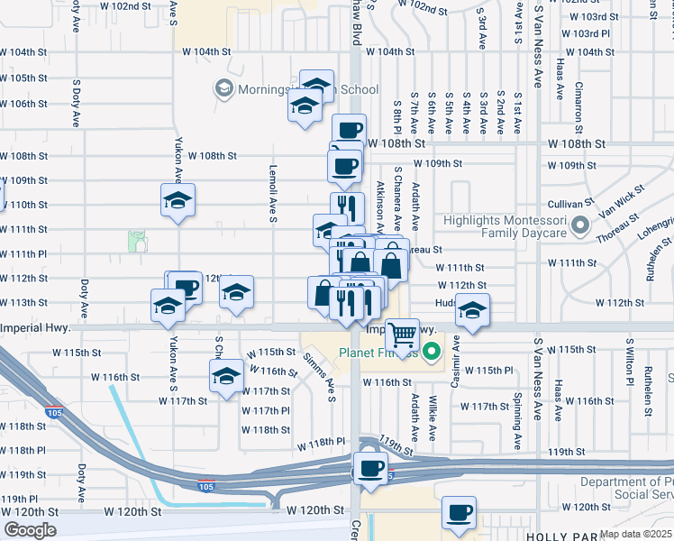 map of restaurants, bars, coffee shops, grocery stores, and more near 3127 West 112th Street in Inglewood