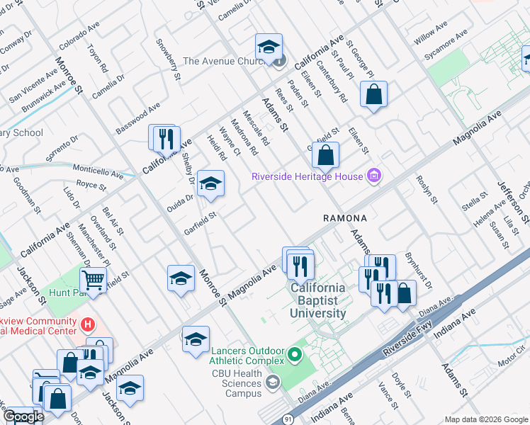 map of restaurants, bars, coffee shops, grocery stores, and more near 3906 Wayne Court in Riverside