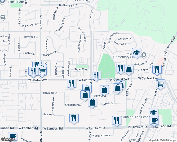 map of restaurants, bars, coffee shops, grocery stores, and more near 843 Williams Street in Brea