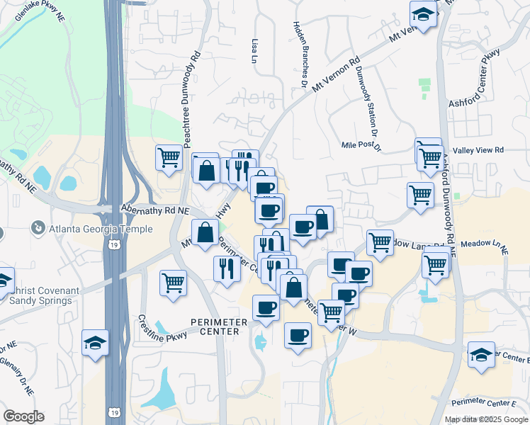 map of restaurants, bars, coffee shops, grocery stores, and more near 1155 Mount Vernon Highway in Atlanta