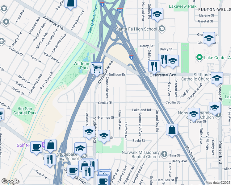 map of restaurants, bars, coffee shops, grocery stores, and more near 10924 Dalwood Avenue in Downey
