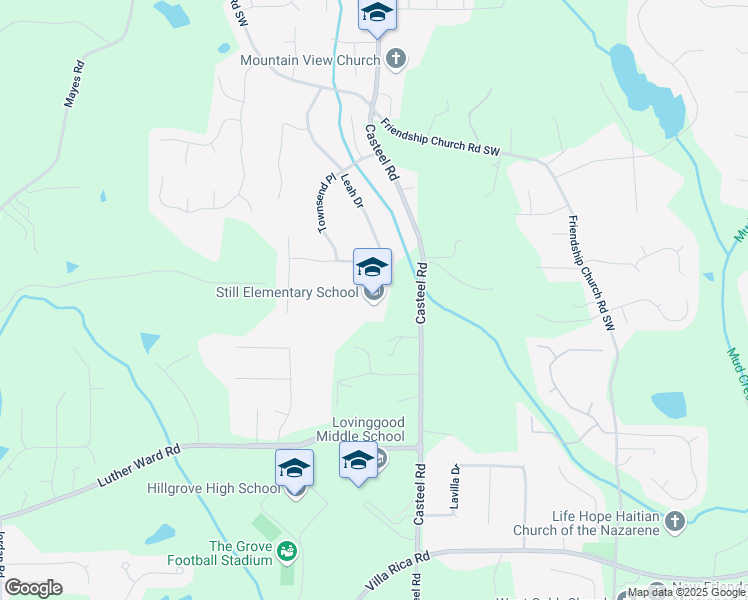map of restaurants, bars, coffee shops, grocery stores, and more near 870 Casteel Road in Powder Springs