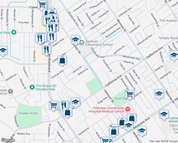 map of restaurants, bars, coffee shops, grocery stores, and more near 9120 Delano Drive in Riverside