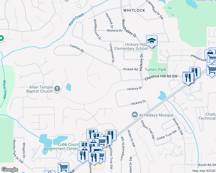 map of restaurants, bars, coffee shops, grocery stores, and more near 636 Chestnut Hill Road Southwest in Marietta