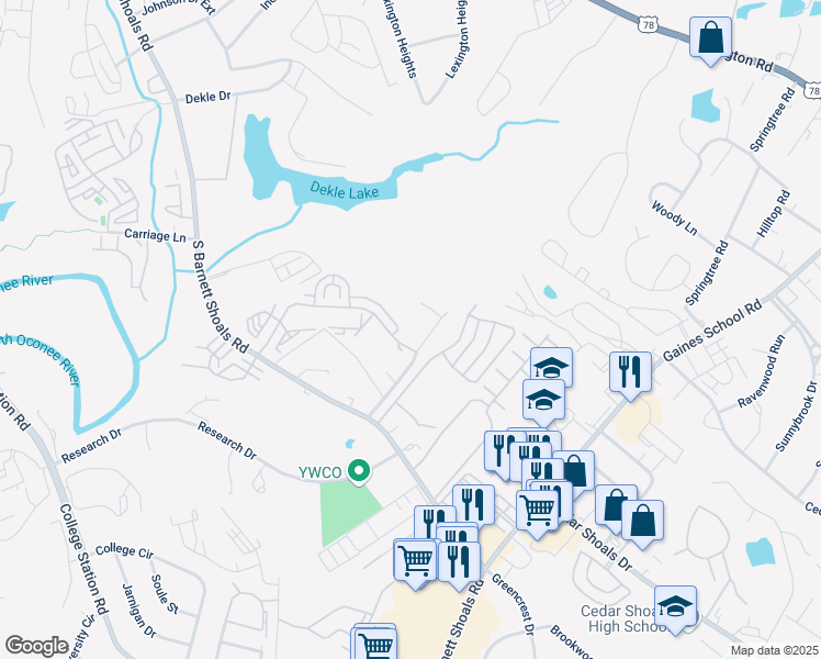 map of restaurants, bars, coffee shops, grocery stores, and more near 205 Parkridge Drive in Athens