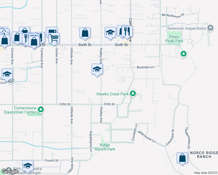 map of restaurants, bars, coffee shops, grocery stores, and more near 3521 Pedley Avenue in Norco
