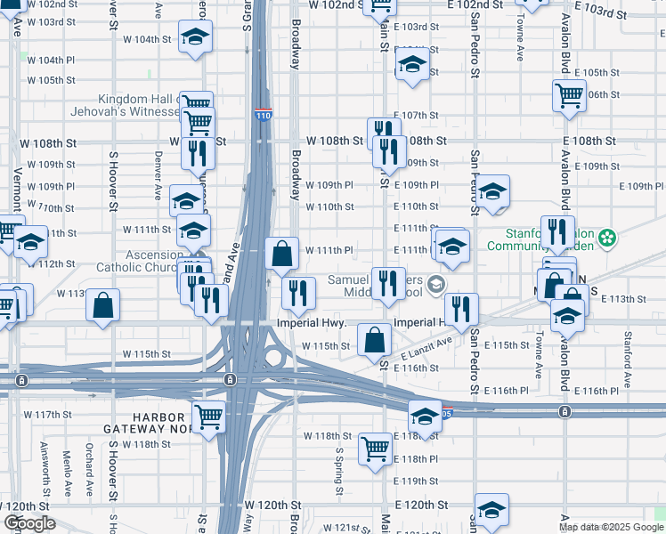 map of restaurants, bars, coffee shops, grocery stores, and more near 207 West 112th Street in Los Angeles