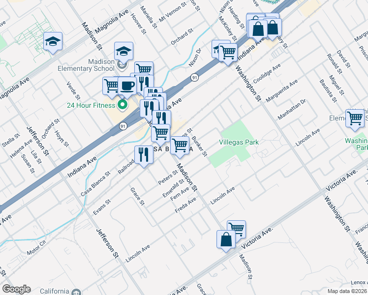 map of restaurants, bars, coffee shops, grocery stores, and more near 7451 Diamond Street in Riverside