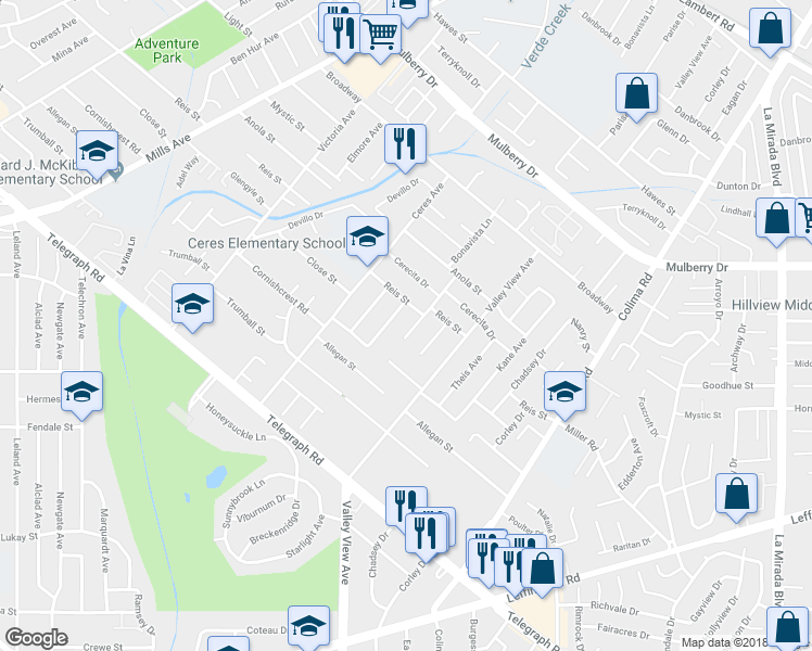 map of restaurants, bars, coffee shops, grocery stores, and more near 10919 Bonavista Lane in Whittier