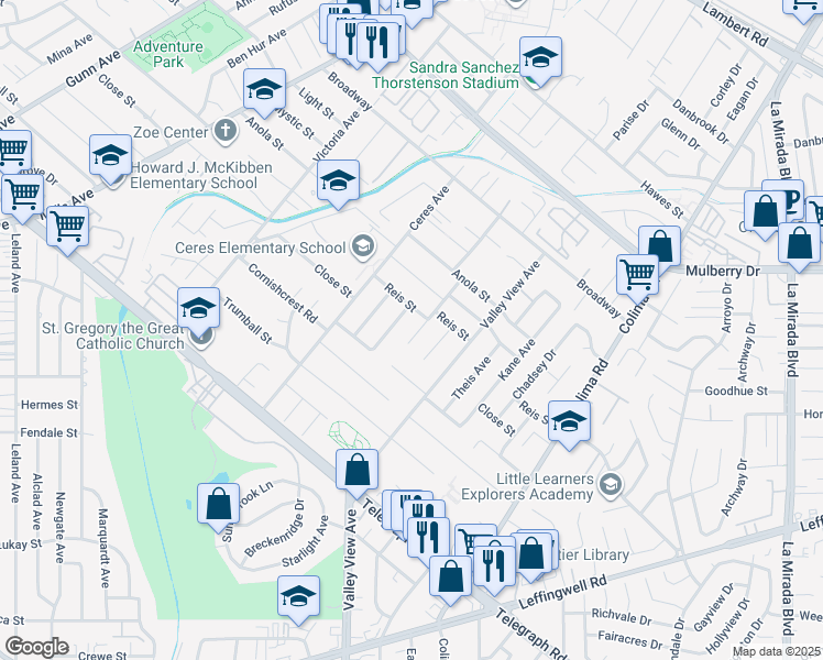 map of restaurants, bars, coffee shops, grocery stores, and more near 10919 Bonavista Lane in Whittier
