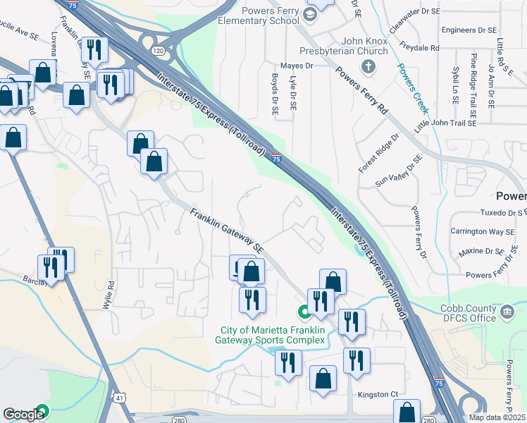 map of restaurants, bars, coffee shops, grocery stores, and more near 861 Franklin Road in Marietta