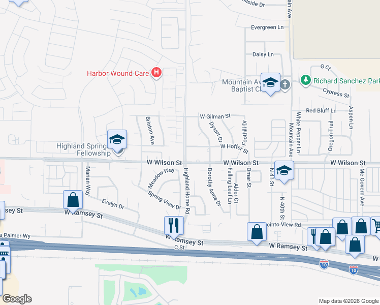 map of restaurants, bars, coffee shops, grocery stores, and more near 924 Highland Home Road in Banning