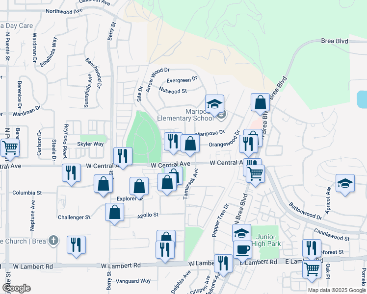 map of restaurants, bars, coffee shops, grocery stores, and more near 825 Tamarack Avenue in Brea