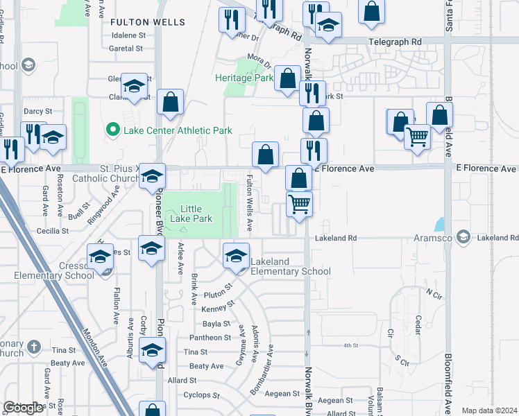 map of restaurants, bars, coffee shops, grocery stores, and more near 10922 Fulton Wells Avenue in Santa Fe Springs