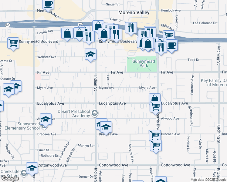 map of restaurants, bars, coffee shops, grocery stores, and more near 24637 Myers Avenue in Moreno Valley