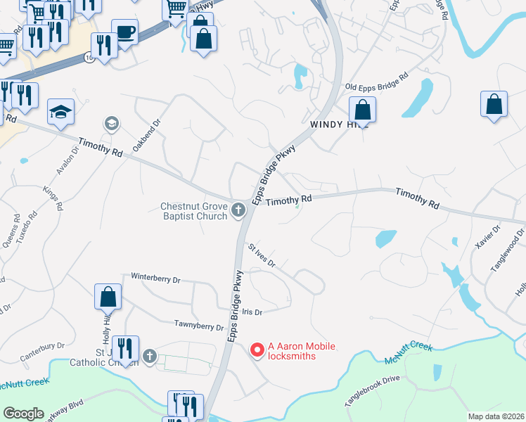 map of restaurants, bars, coffee shops, grocery stores, and more near 160 Mansfield Court in Athens