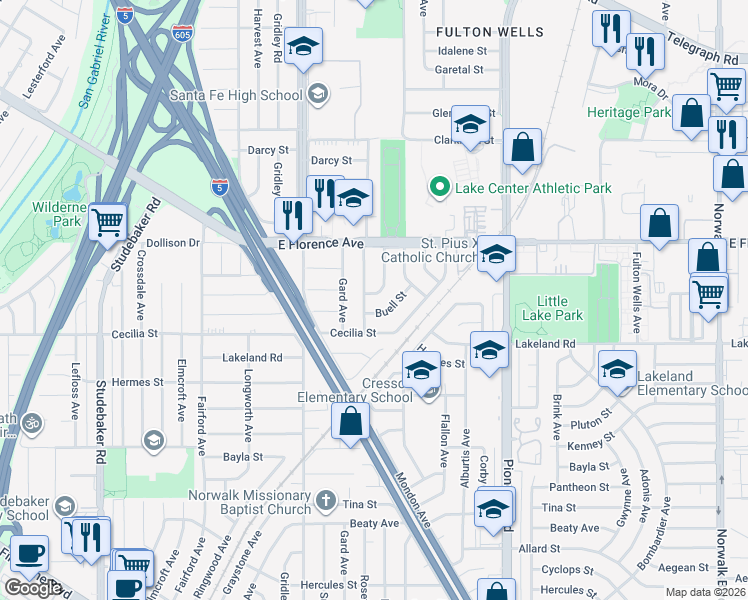 map of restaurants, bars, coffee shops, grocery stores, and more near 10940 Maidstone Avenue in Santa Fe Springs