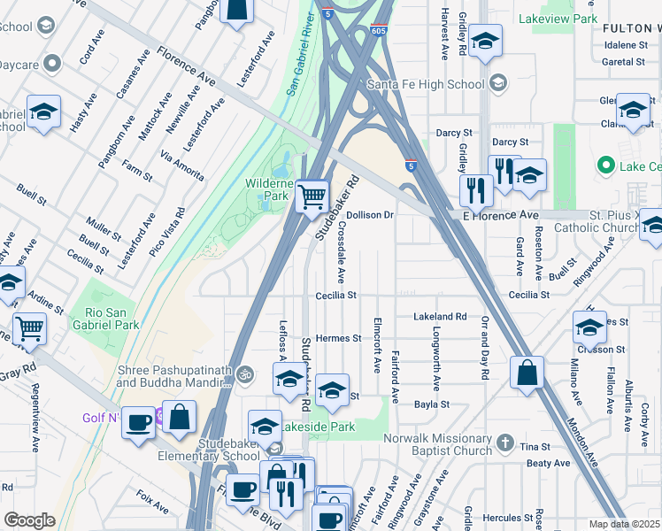 map of restaurants, bars, coffee shops, grocery stores, and more near 11002 Benfield Avenue in Downey
