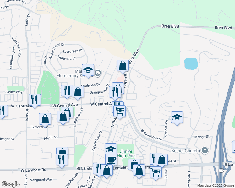 map of restaurants, bars, coffee shops, grocery stores, and more near 855 North Brea Boulevard in Brea