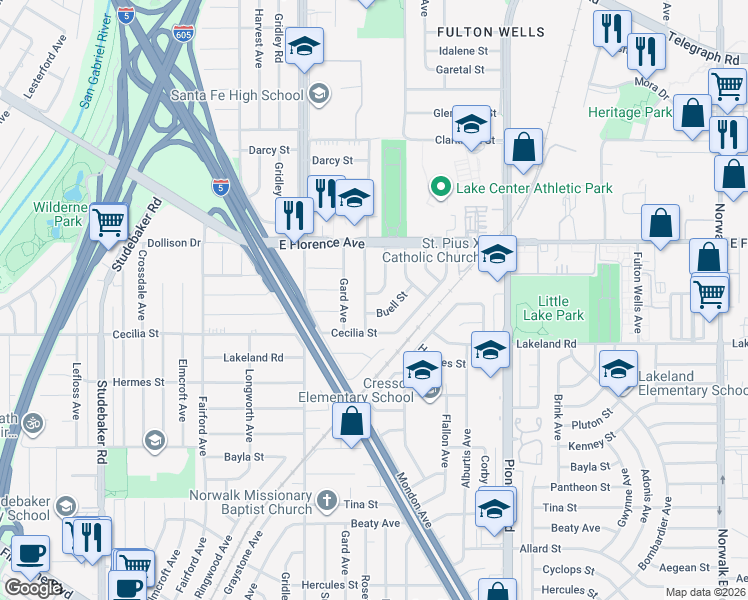 map of restaurants, bars, coffee shops, grocery stores, and more near 10940 Maidstone Avenue in Santa Fe Springs