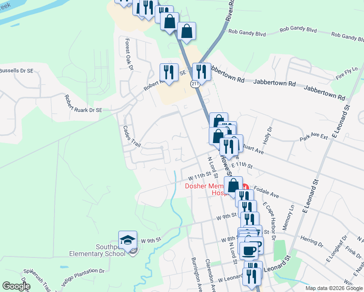map of restaurants, bars, coffee shops, grocery stores, and more near 3000 Pickerrell Drive in Southport