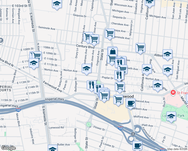 map of restaurants, bars, coffee shops, grocery stores, and more near 11031 State Street in Lynwood