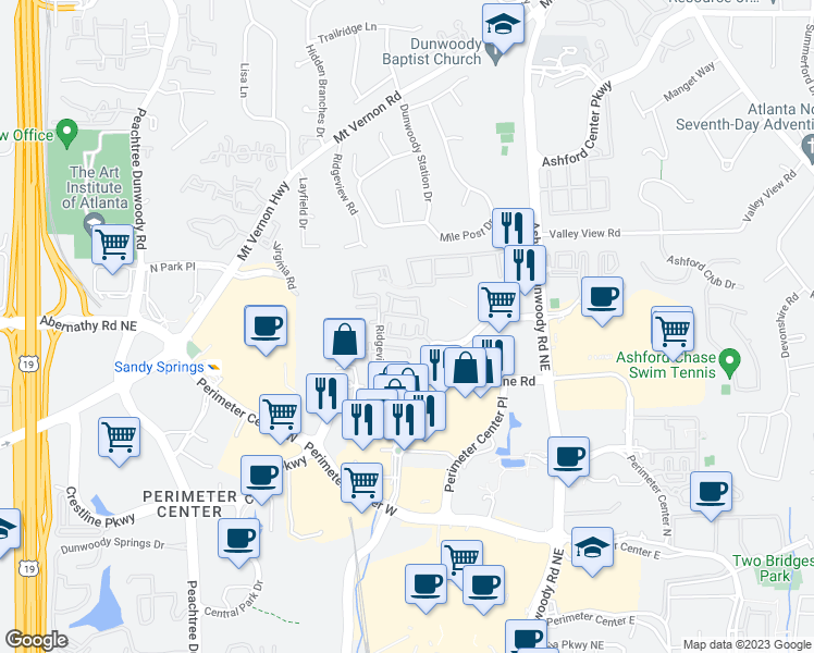 map of restaurants, bars, coffee shops, grocery stores, and more near 4697 Dogwood Alley in Dunwoody