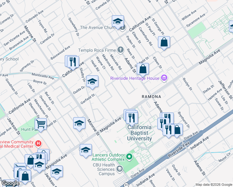 map of restaurants, bars, coffee shops, grocery stores, and more near 3924 Wayne Court in Riverside