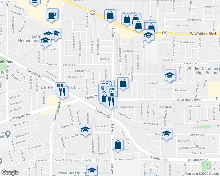 map of restaurants, bars, coffee shops, grocery stores, and more near 10931 1st Avenue in Whittier
