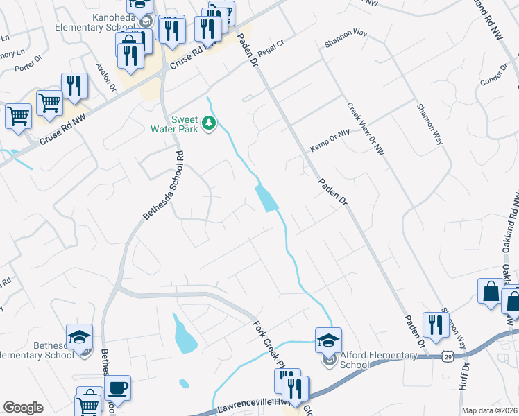 map of restaurants, bars, coffee shops, grocery stores, and more near 615 Sycamore Glen Court Northwest in Lawrenceville