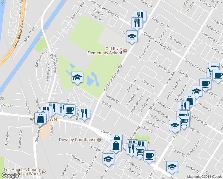 map of restaurants, bars, coffee shops, grocery stores, and more near 12315 Norlain Avenue in Downey