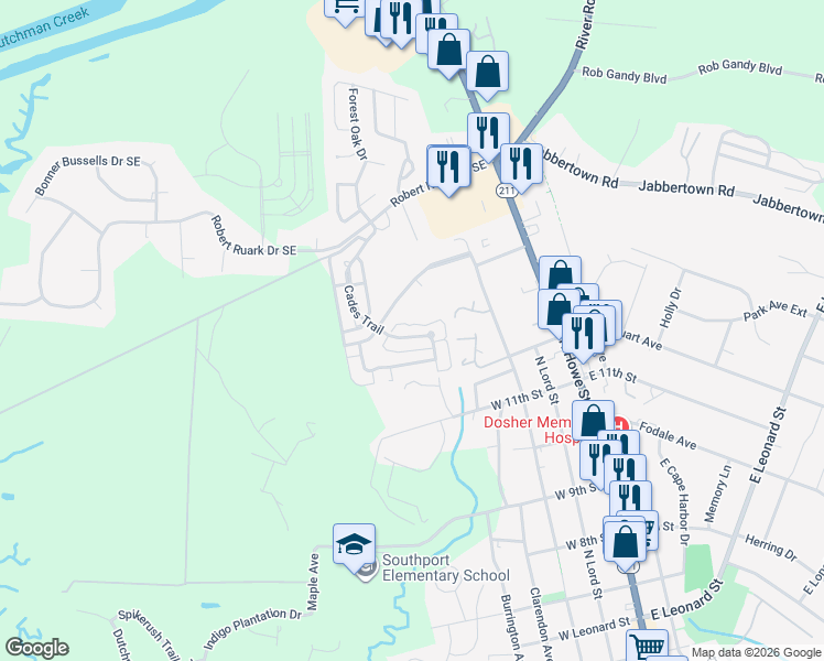 map of restaurants, bars, coffee shops, grocery stores, and more near 805 Cades Trail in Southport
