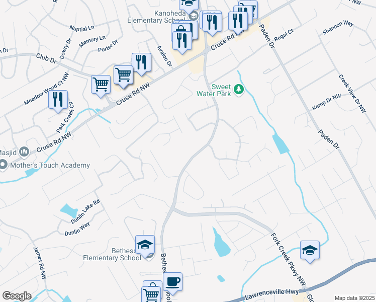map of restaurants, bars, coffee shops, grocery stores, and more near 719 Bethesda School Road in Lawrenceville