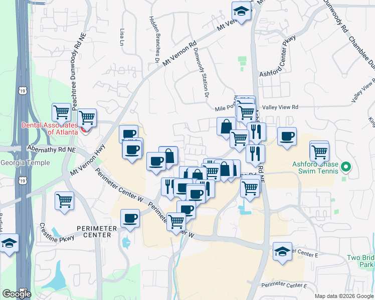 map of restaurants, bars, coffee shops, grocery stores, and more near 4647 Magnolia Commons in Dunwoody