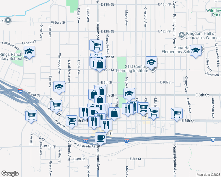 map of restaurants, bars, coffee shops, grocery stores, and more near 825 Magnolia Avenue in Beaumont